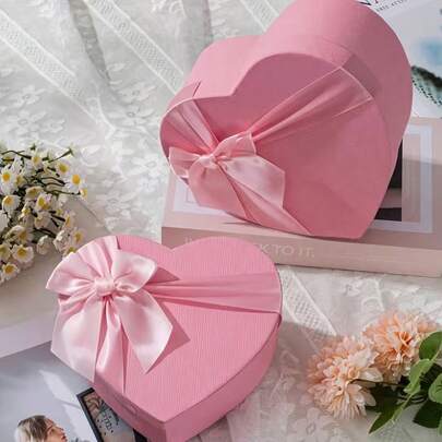 1 st rosa/röd hjärtformad presentask, förpackningsask med fluga och hjärta, presentask med blomlock och festförpackning, lämplig för bröllopspresenter, alla hjärtans dag-presenter, födelsedagspresenter, presentförpackning för bröllopsgåvor