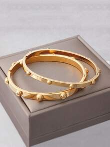 1pc Minimalist 18K Gold Plated Stainless Steel Bracelet With Semi-Circular Decor, Unisex Jewelry Accessory Suitable For Daily And Holiday Wear - Hemispherical Decoration - View 4