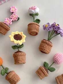 手工针织郁金香盆栽、钩编向日葵盆栽、心形花卉桌面摆件、针织玫瑰制品、勿忘我盆栽、人造花卉桌面摆件、派对礼物、情人节礼物 - 彩色 - 查看 5