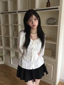 韩版时尚女式修身白色上衣，适合秋季和春季穿着 - 白色 - 查看 1