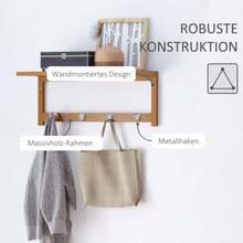 Wall-Mounted Coat Rack With Hooks, Space-Saving, 5 Kg Load Capacity, 50 X 16 X 17.5 Cm, Natural Wood - Original Bamboo Color - View 2