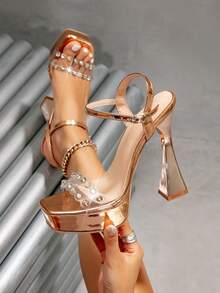 Fashionable Sexy Nightclub Style Rhinestone Waterproof Platform High Heel Party Shoes For Women - Champagne - View 6