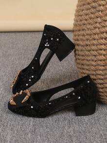 方头粗跟套脚女鞋，百搭鞋款，时尚穆勒鞋，黑色镂空串珠高跟鞋，尺码35-43，偏大一码 - 黑珠片中空(C扣鑽) - 查看 5