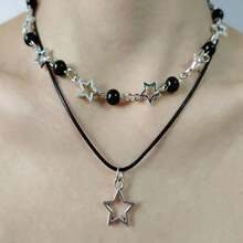 2件套镂空星星项链，时尚简约黑色串珠颈链（珠子数量随机） - 黑色 - 查看 8