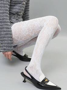 女士白色花卉提花镂空渔网打底裤，性感紧身透明丝袜，高弹力甜美火辣女孩连裤袜 - 白色 - 查看 2
