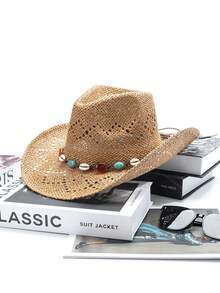 Swim Chiccia 1 件男女通用宝石装饰西部牛仔帽镂空印花草帽春夏旅行阳光沙滩帽休闲遮阳帽（收到产品后，如果帽檐变形，需要手动调整回去） - 西部牛仔禮帽 - 查看 31