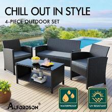 4pcs Outdoor Patio Furniture Garden Sofa PE Wicker Rattan Lounge Chair And Glass Coffee Table 4 Pieces Setting UV-Resistant Conversation Set With Steel Frame And Cushions Black - Black - View 4