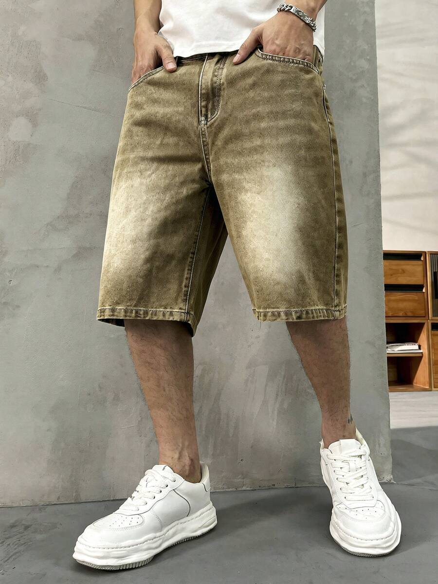 Quần short denim nam HEHCN có túi trước, kiểu dáng vintage màu xanh lam bạc màu, phong cách thời trang đường phố Mỹ, quần short Bermuda, món quà thích hợp cho bạn trai, chồng. - Màu xanh Ô liu - Xem 1