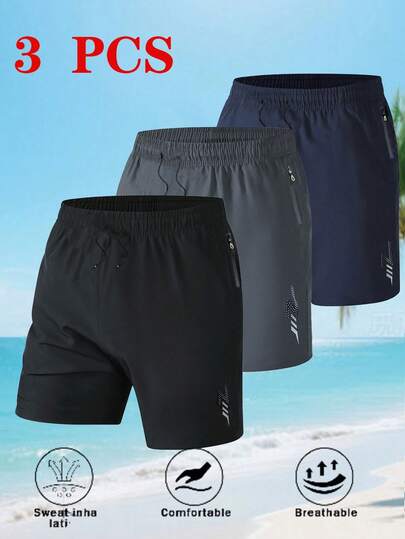 3pcs Sports Shorts, Printed Pattern, Drawstring Waist With Zipper Pockets, Suitable For Running, Fitness, Outdoor, Beach, Basketball, Football Training Black