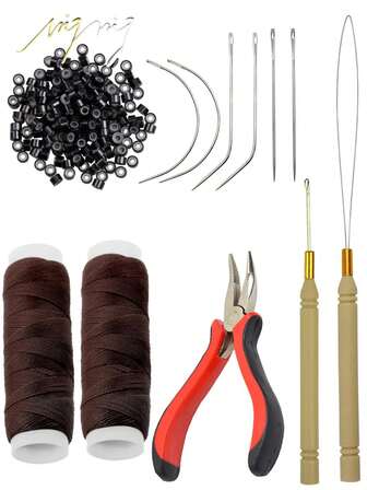 Hair Extension Tool Kit: 200pcs Silicone Lined Micro Links Beads, 1pc 3-Prong Hair Pliers, 2 Rolls Sewing Thread, 1pc Threader, 1pc Pulling Hook, 6pcs Sewing Needles (Black/Beige/Brown) ,Hair Styling Kit