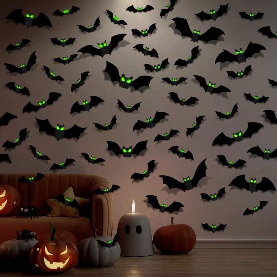 96 piezas de decoración de murciélagos 3D de Halloween, Kit de decoración de Halloween Luminosas Murciélagos, calcomanías de pared de realistas de PVC, decoración de fiesta de Halloween,2025 - luminosa-96pcs - Ver 1