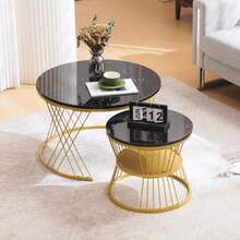 Modern Coffee Table Set, High Gloss Coffee Table Set, Sofa Nesting Side Tables With Marble Veneer, Round Side Tables, Set Of 2, Gold-Colored Frame - 黑色 - 查看 8