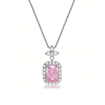 1pc Elegant Minimalist 2ct Raspberry Pink Square 3D Cubic Zirconia Necklace, S925 Sterling Silver Luxury Goddess Necklace, Anniversary, Valentine's Day, Christmas Gift, Suitable For Festivals And Daily Wear