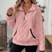 Suter de forro polar Sherpa de gran tamao con cremallera para mujer, sudaderas recortadas con solapa y bolsillos - Blanco + 2XL - Ver 4