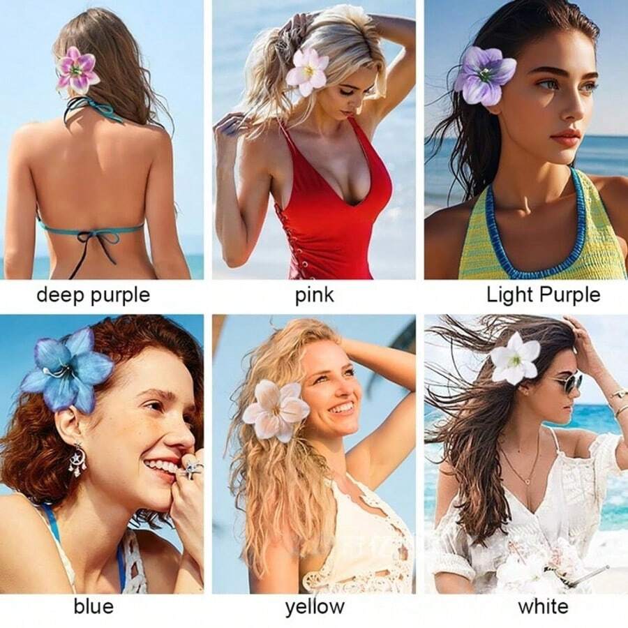 7pcs/Set Hawaiian Flower Hair Clips, Lily Flower Decor Hair Clips, Faux Flower Hair Clips, Boho Side Bangs Clips, Sweet Beach Holiday Hair Accessories, Elegant Flower Duck Clips, Beach Photo Props, Suitable For Casual Wear And Daily Styling, Also Suitable For Valentine's Day Everyday Wear. - Multicolor - View 1