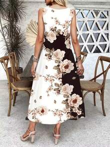 Robe longue d'été pour femme, robe élégante à imprimé floral sans manches avec deux poches pour les vacances - Blanc - Voir 3