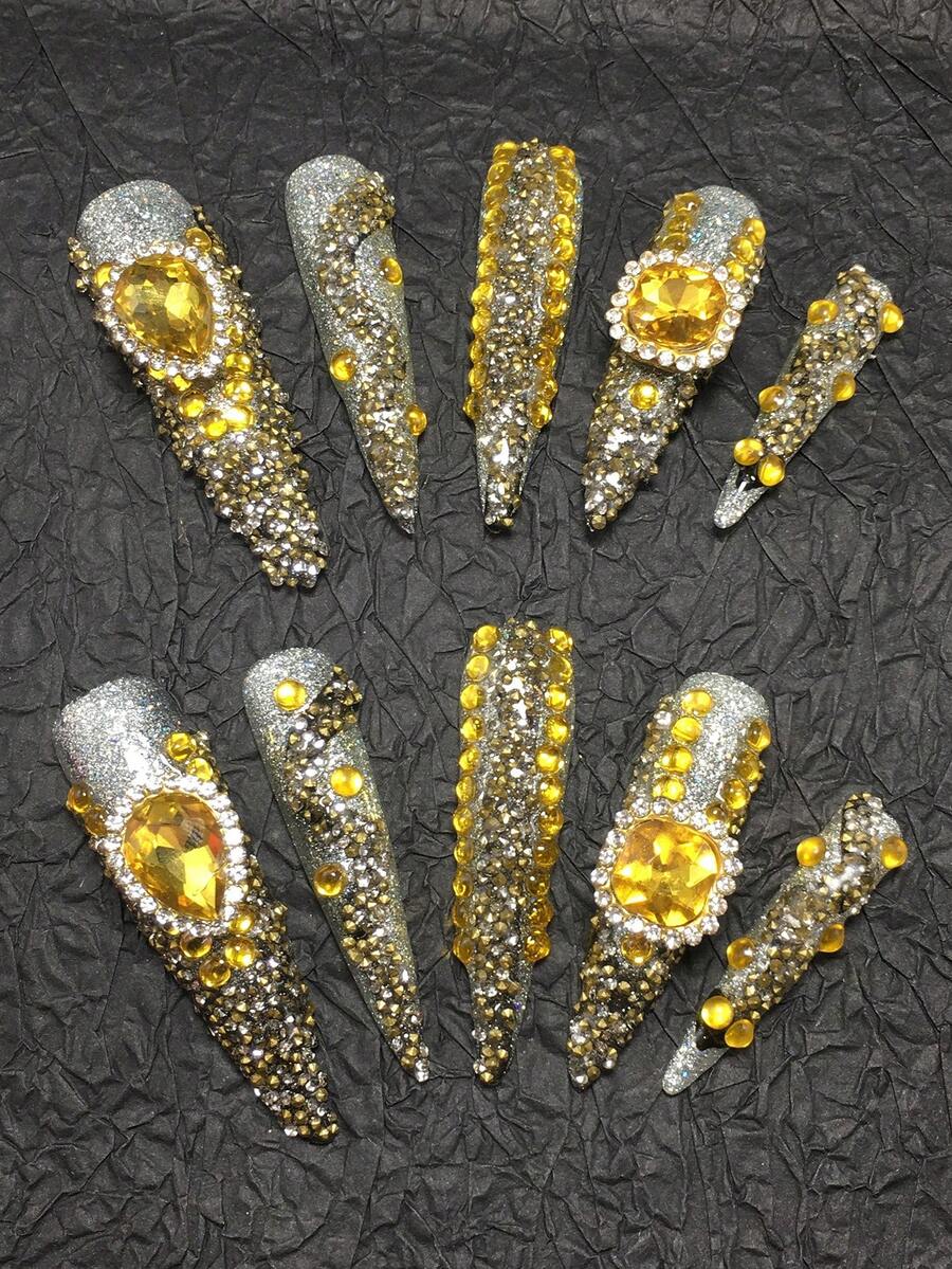 10 piezas de 5,5 cm de armadura de mano pura prensada, usando plata fina como color base, joyería de uñas con grandes gotas de agua, diamantes cuadrados, diamantes rotos, el diseño general está lleno de belleza, adecuado para fiestas, manicura, kits gratuitos, reutilizable - Multicolor - Ver 1