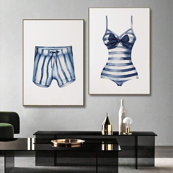 2pcs No Frame Canvas Print Decorative Painting, White And Blue Wall Art, Vintage Poster, Striped Painted Swimsuit, Indoor Home Wall Decoration Art