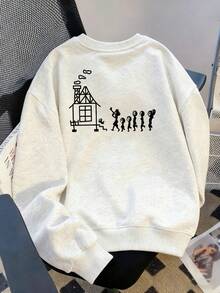 女士休闲宽松套头卫衣，卡通小屋和字母印花，适合秋冬季穿着。 - 淺花灰 - 查看 1