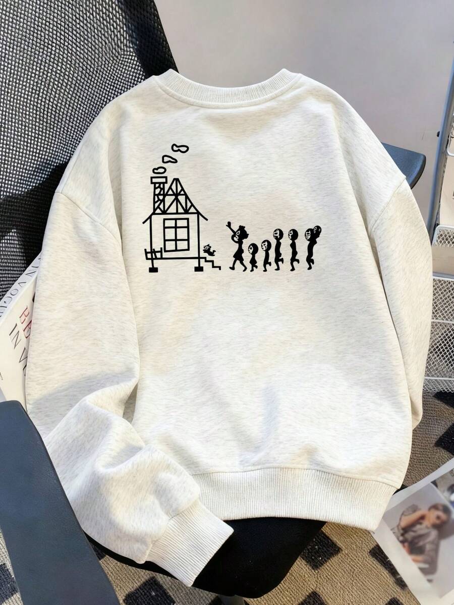 女士休闲宽松套头卫衣，卡通小屋和字母印花，适合秋冬季穿着。 - 淺花灰 - 查看 1