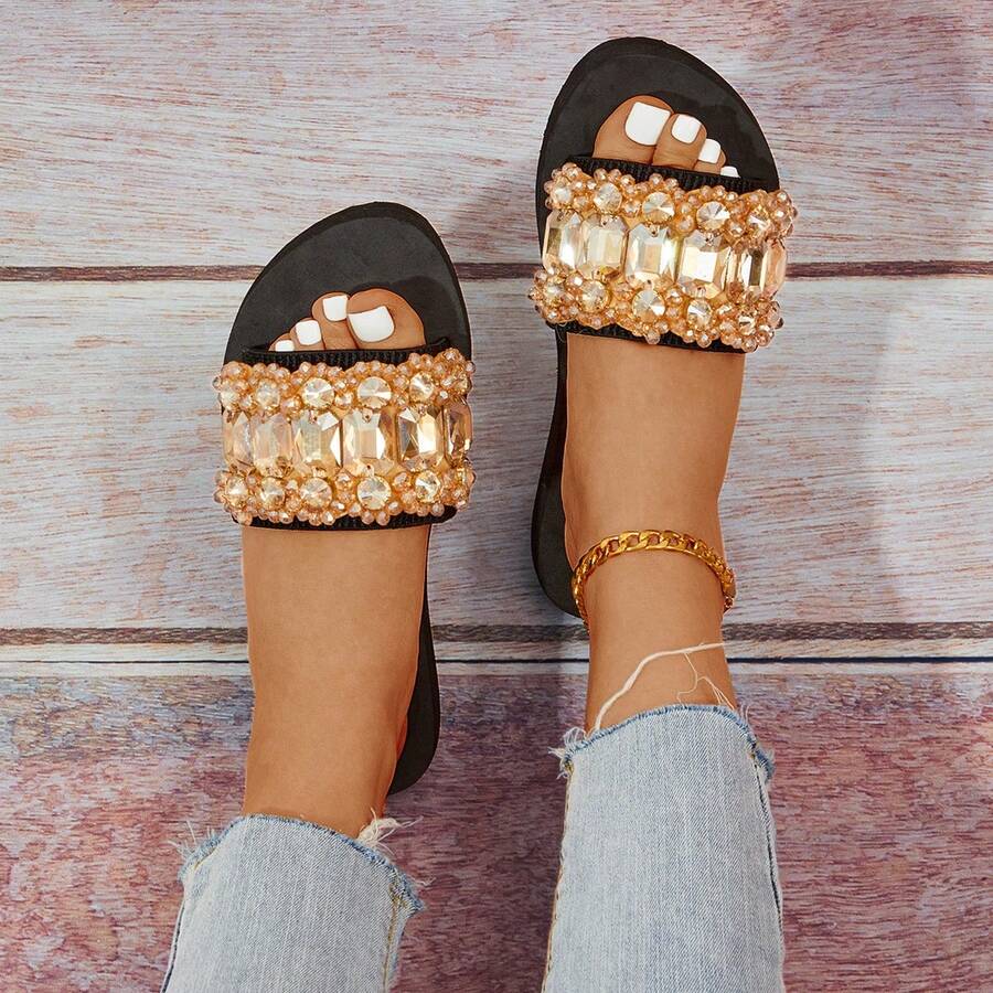 Women'S Flat Sandals Open Toe Slip On Sandals Summer Dressy Flat Fashion Slippers, Luxury Rhinestones Beaded Flip Flops - Gold - View 1