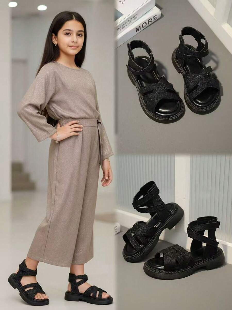 1 Pair Black Plus Size Toddler Girls' Glitter Studded Leather Criss-Cross Strap Roman Sandals, Classic Backstrap Double Buckle Design Open Toe Soft Bottom Non-Slip Fashion Cute Princess Style Flat Beach Sandals, Suitable For Casual, Holiday, Party, School, Spring/Summer 2026 - Black - View 1