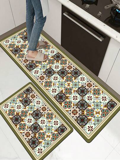 1pc Soft Rubber Kitchen Mat, 3.5mm Thick Kitchen Rug, Vintage Tile Pattern Absorbent Kitchen Floor Mat, Can Be Trimmed To Fit Kitchen, Surface Fabric, Middle Foam Layer, Bottom Rubber Layer, Suitable For Kitchen Rugs, Kitchen Decor, Wedding Decor, Home Decor, Bathroom Mat, Entryway Mat, Laundry Room Mat, Hallway Rug, Living Room Mat, Etc.