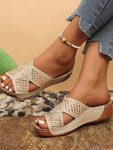 Sandalias de cuña con lentejuelas casuales para mujer, primavera/verano - Dorado - Ver 4