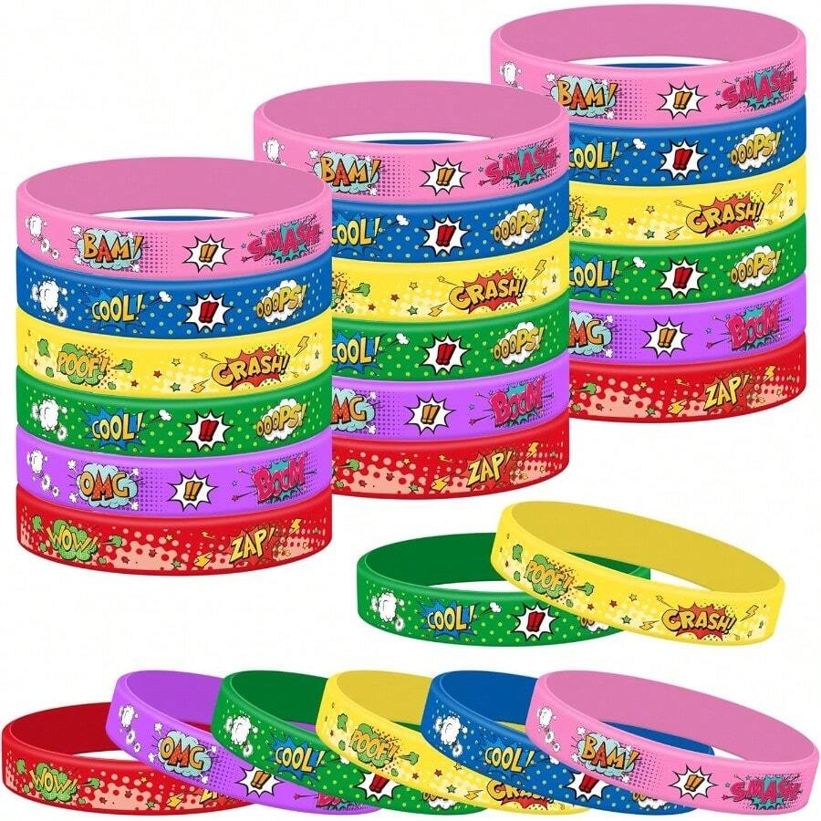 Lesnala - Pulsera de goma de 48 unidades 6 estilos bolsa de regalo de carnaval cómic pulsera de silicona para recompensas escolares superhéroes decoración de cumpleaños - Multicolor - Ver 1