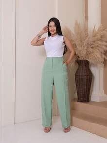 Women's Tailored Wide Leg Straight Leg Trousers With High Waist, Elastic Back, Side Pocket, Elegant And Comfortable, Loose Fit And Perfect Drape For The Office. - 薄荷綠 - 查看 5