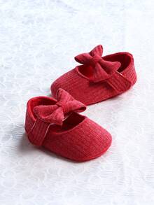 1雙女童可愛的蝴蝶結羊毛布帶設計平底鞋,適合春秋季節穿著 - 酒紅色 - 查看 5