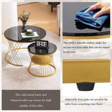 Modern Coffee Table Set, High Gloss Coffee Table Set, Sofa Nesting Side Tables With Marble Veneer, Round Side Tables, Set Of 2, Gold-Colored Frame - 黑色 - 查看 4