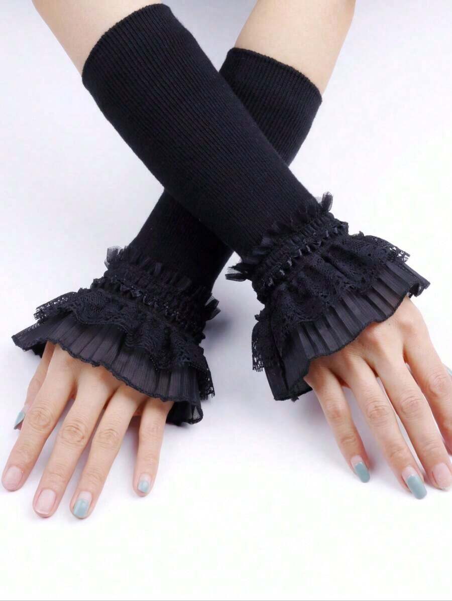 1pair Fashionable High Elasticity Fingerless Arm Warmer Gloves, Double Layer Lace Decor False Sleeves, Knitted Cuff Cover For Women And Girls Clothing Accessories Dress Up, Black & White Cold Gloves Valentine's Day Valentines - 黑色 - 查看 1