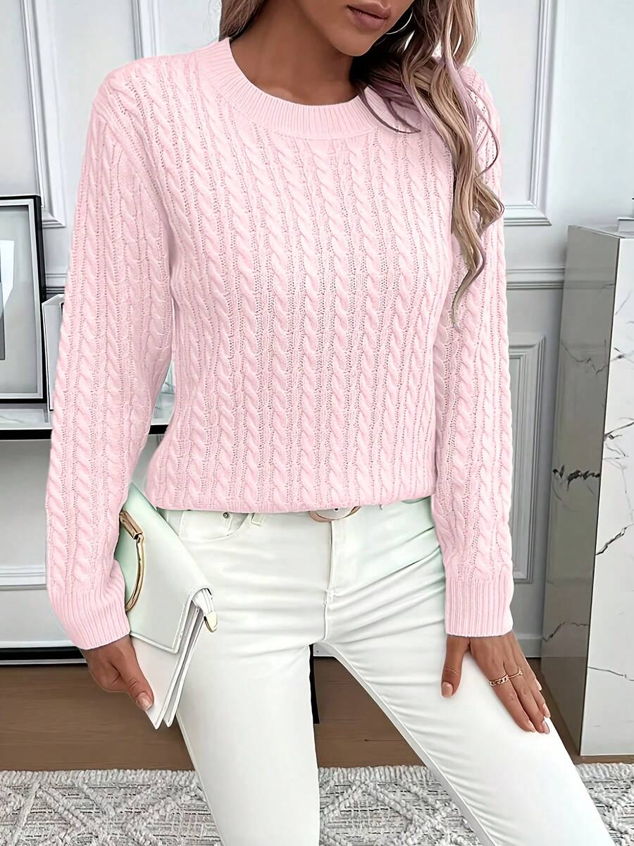 Chunky Sweater - Winter Warm Round Neck Pullover, High Elasticity Cozy Fall/Winter Sweater Coat, Machine Washable Solid Color Casual Blouse For Layering, Elegant Crew Neck Sweater - Machine-Washable Solid Color Knit Sweater - Women's Sweater - Women's Fitted Top - Women's Winter Clothing - Hồng - Xem 1