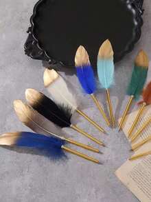 1pc Creative Gold Feather Pen, Ballpoint Pen, Rollerball Pen, Marker Pen. Suitable For Graduation Season School Supplies, Can Be Given As Gifts To Friends/Teachers/Relatives/Party Favors, Also Can Be Used As Wedding Signing Pen (Pen Cap Random). Back To School Essential. School Supplies - White - View 7