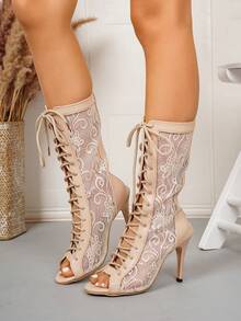 1 Pair Women's Apricot High Heel Peep Toe Hollow Out Mesh Boots, Shiny Cute Elegant High Heel Sandals With Criss-Cross Straps And Back Zipper, Party Highlight High Heel Sandals, Dance Boots