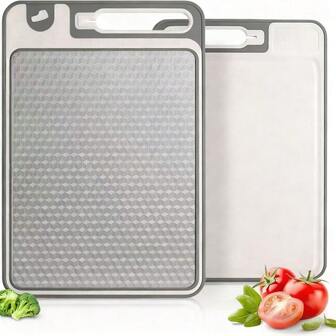 双面不锈钢砧板，适用于厨房，内置磨刀器、蒜蓉研磨器和擀面杖，防滑硅胶涂层，可用于切割肉类、水果和蔬菜，可用洗碗机清洗。