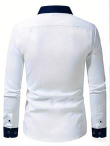 Men's Fashion Casual Top, Color Block Design, Business Formal Dress Long Sleeve Shirt - White - View 7