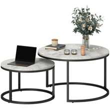 Coffee Table Set, 2 Round Nesting Tables, Industrial Design, Metal Frame, Concrete/Black Look - Light Grey - View 7