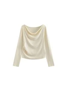 1pc Women's Off-Shoulder Ruched Waist Long Sleeve T-Shirt, Slim Fit Layering Top - Apricot - View 5