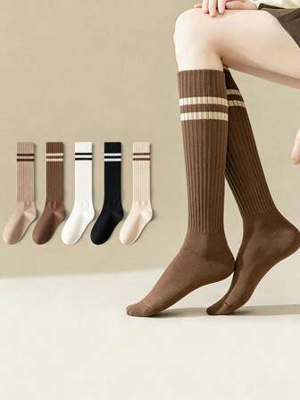 5 Pairs Women's Striped Pleated Vertical Stripe Mid-Calf Socks, Youthful Sunny School Style Decorative Crew Socks, Suitable For Daily Matching With Skirts And Loafers