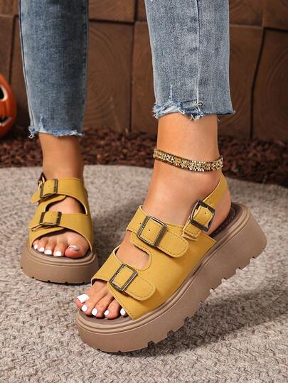 Women's Fashion Simple Open Toe Platform Sandals With Hook & Loop Fastener Decoration