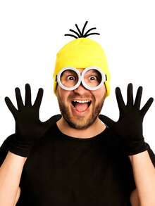 3 pièces Ensemble bonnet tricoté jaune + lunettes + gants noirs, convient pour Halloween, Noël, cosplay, la Saint-Valentin, les représentations sur scène, les fêtes, Pâques, le carnaval - Multicolore - Voir 3