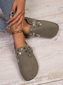 Women's Round Toe Sequin Buckle Strap Shoes, Fashionable, Casual, Comfortable, Convenient Slip-On, Suitable For Daily, Work, Party - Dark Grey - View 3