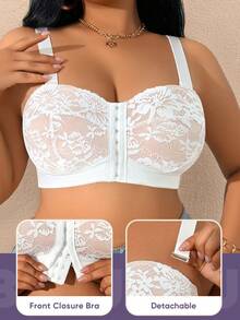 MEIYATING Sujetador de cobertura total cómodo y suave con cierre delantero de encaje floral para mujer de talla grande, color blanco - Blanco - Ver 7