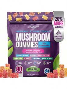 FEWDIVE Drops Of Nature Mushroom Gummies |   Ashwagandha KSM-66, Lion's Mane, Shiitake, Turkey Tail, Reishi, Maitake, Chaga, Cordyceps |   Vegan Mushroom Supplement |   Mixed Fruit, 80 Gummies - 菇 - 查看 12