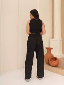 Women's Tailored Wide Leg Straight Leg Trousers With High Waist, Elastic Back, Side Pocket, Elegant And Comfortable, Loose Fit And Perfect Drape For The Office. - 黑色 - 查看 3