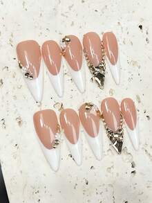 10片沙龙级长尖头美甲贴纸，可爱简约美甲设计，裸色和白色手绘法式甲尖，香槟色水钻和白色花朵装饰，可重复使用的亚克力假指甲套装，适合日常佩戴和情人节约会 - 彩色 - 查看 5