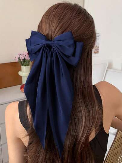 1个海军蓝超大缎面蝴蝶结发夹，丝滑蝴蝶发饰，特大号蝴蝶结发卡，送给女孩的礼物