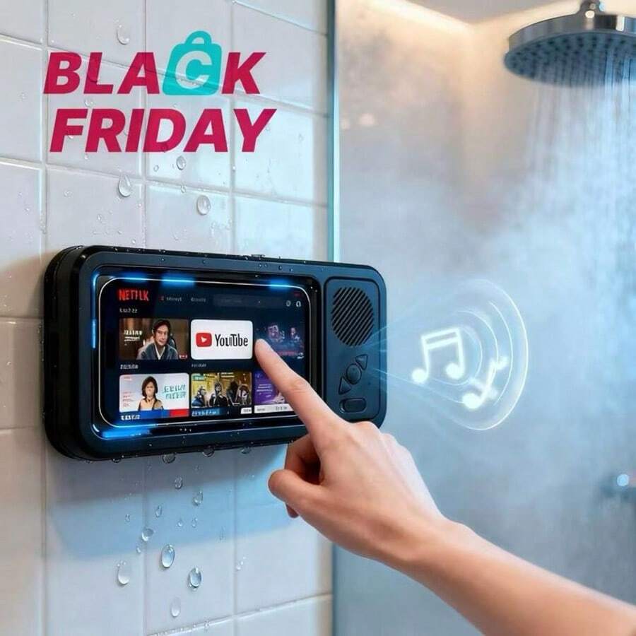 Waterproof Bluetooth-Compatible Speaker With 360° Rotating Touch Screen, Shower TV-Like Phone Mount For Video Viewing, Music & Bath Time In Bathroom, Kitchen & Pool, Waterproof Wireless Speaker - Black - View 1